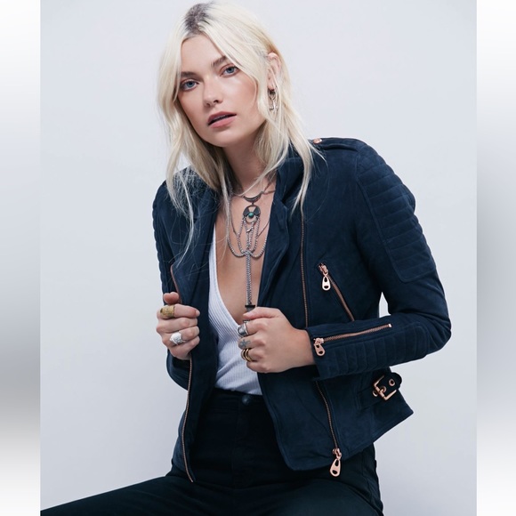 Doma Navy Suede Moto Jacket XS - Picture 3 of 8